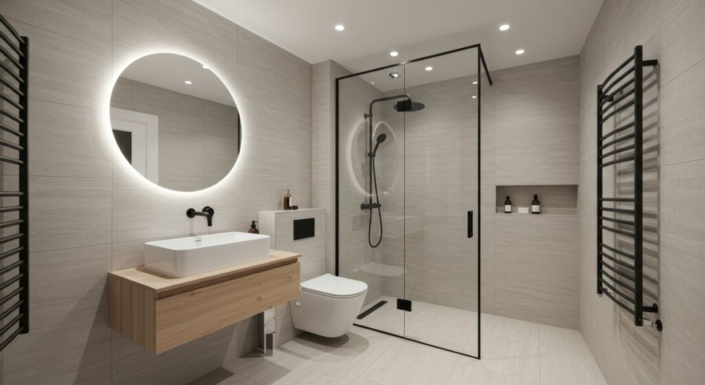 wet room bathroom minimalist light grey modern bath round mirror wooden cabinet
