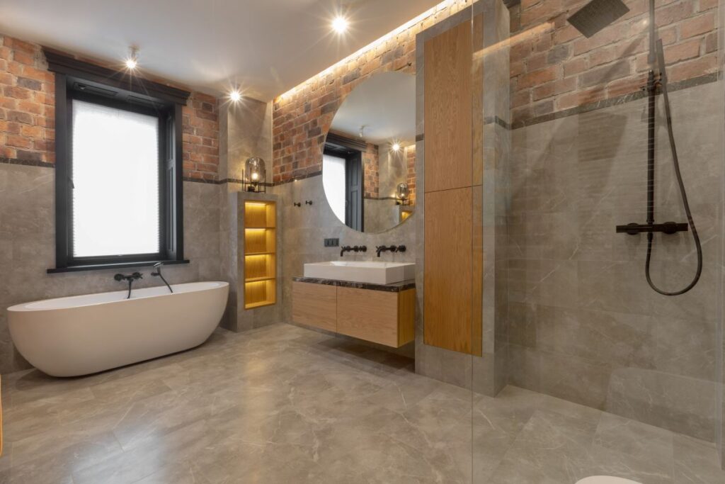 wet room bathroom remodeling modern family loft bathtub and shower round mirror