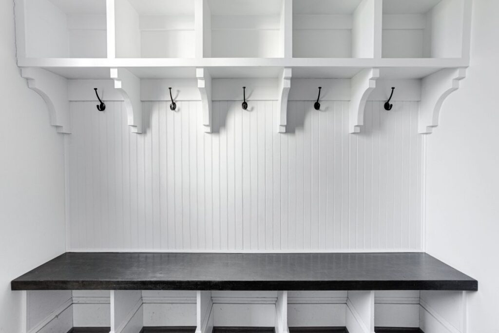 white and black mudroom addition ideas black bench hanging hooks